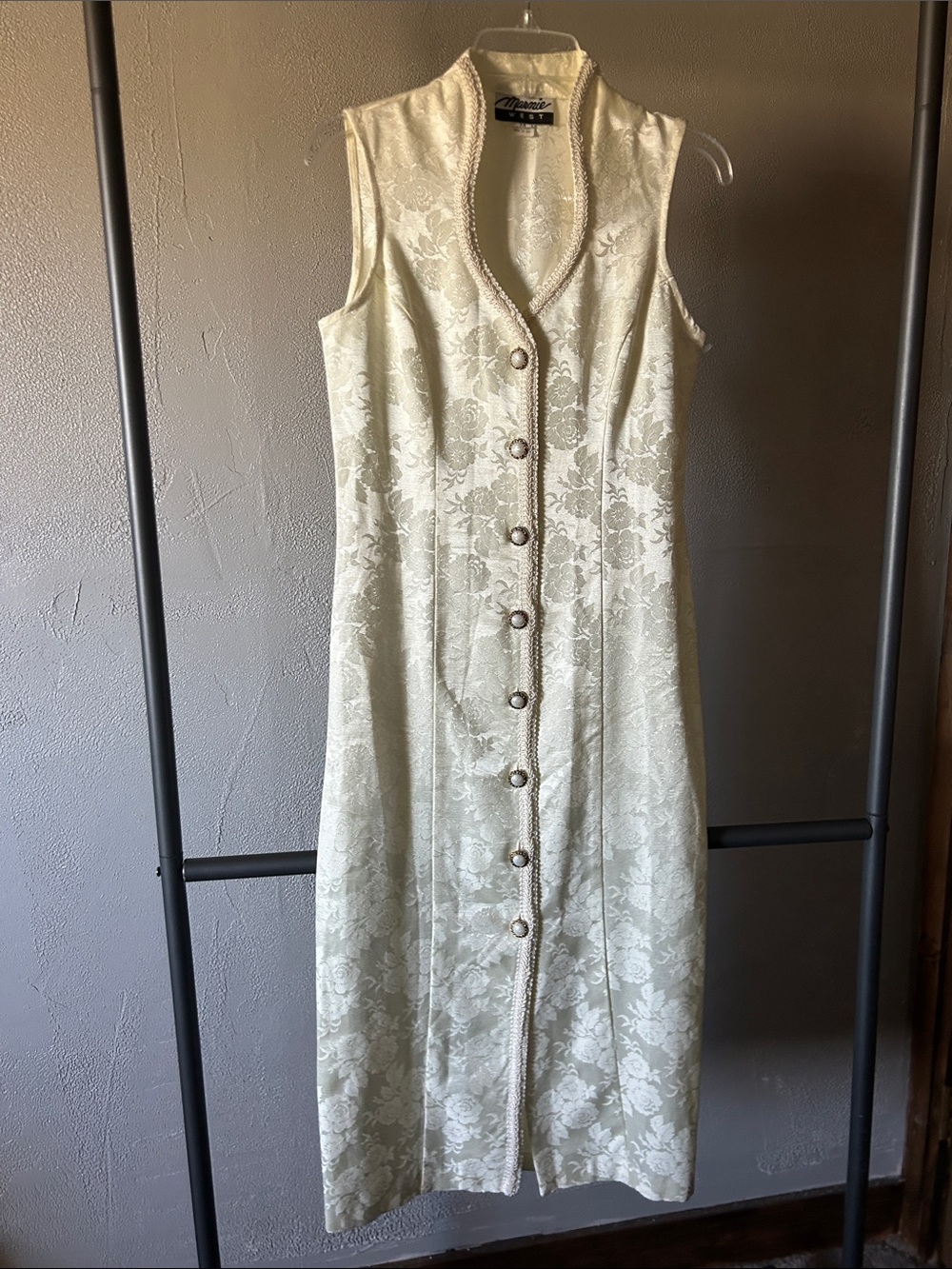 Sleeveless Button-Front Brocade Midi Dress in Cream by Marnie West